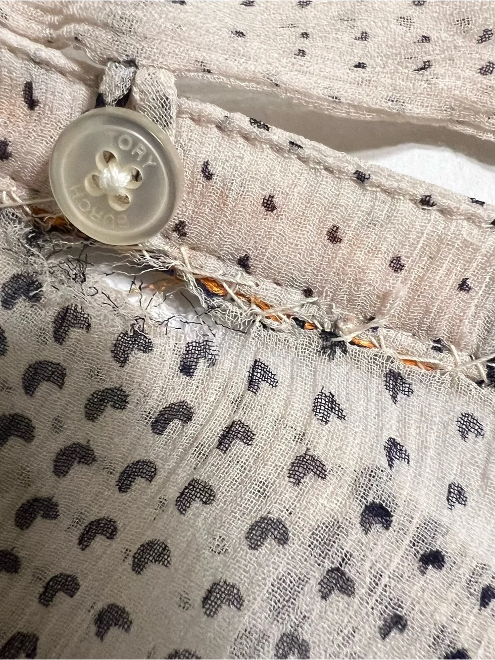 Tory Burch Cream Sheer Bow-Neck Blouse with Black Dot Stripe Logo on Buttons - Picture 13 of 13